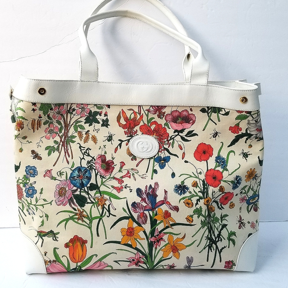 Fabulous  Rare Vintage Gucci  Flora Floral Tote Bag - White and Multicolor - Picture 4 of 16